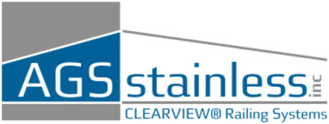 AGS Stainless logo featuring modern design for CLEARVIEW® Railing Systems in blue and gray.