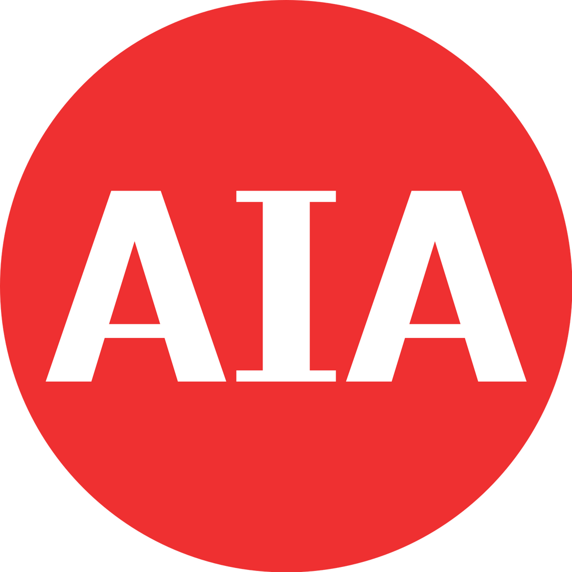 AIA logo featuring bold white letters on a vibrant red circular background.