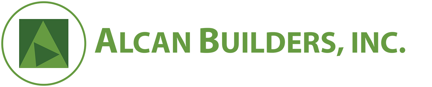 Modern Alcan Builders logo featuring green geometric shapes and bold text promoting sustainability.