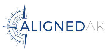 Professional logo for AlignedAK featuring a compass symbolizing navigation and guidance.