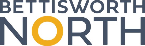 Modern BETTISWORTH NORTH logo featuring clean typography and a vibrant yellow circular accent.