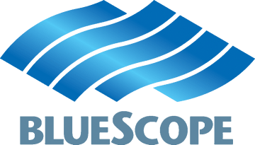 BlueScope logo featuring dynamic blue waves and bold text representing innovative steel solutions.