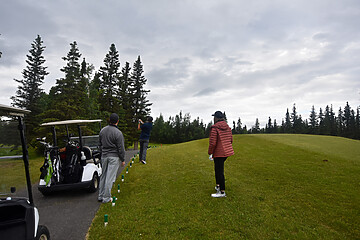 Friends enjoying a day golfing amidst lush greenery on a scenic golf course.