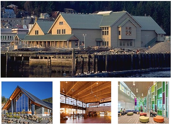 Coastal modern architecture blends nature, community spaces, and vibrant interiors in a serene setting.