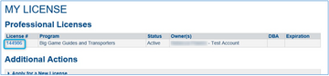 Professional license details including status, owner, and options to apply for new licenses.