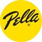 Pella logo with vibrant yellow background and elegant black script, symbolizing quality and warmth.