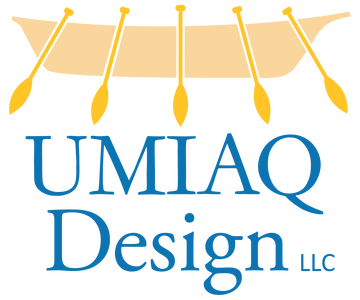 UMIAQ Design LLC logo features a boat, paddles, and modern typography in vibrant colors.