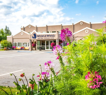 Modern Wedgewood building with vibrant landscaping, spacious parking, and inviting atmosphere for events.